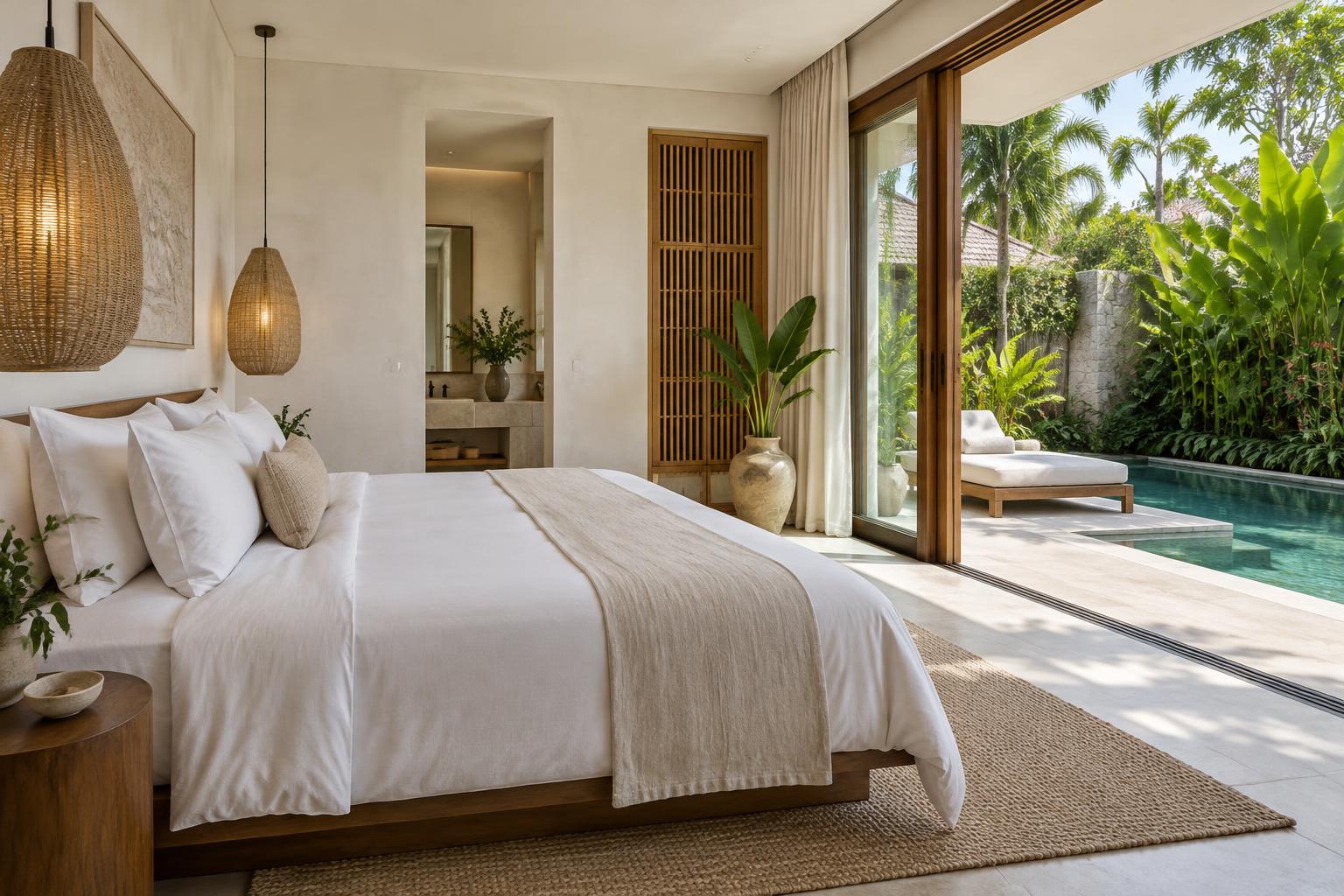 A serene Bali villa bedroom opening onto a garden